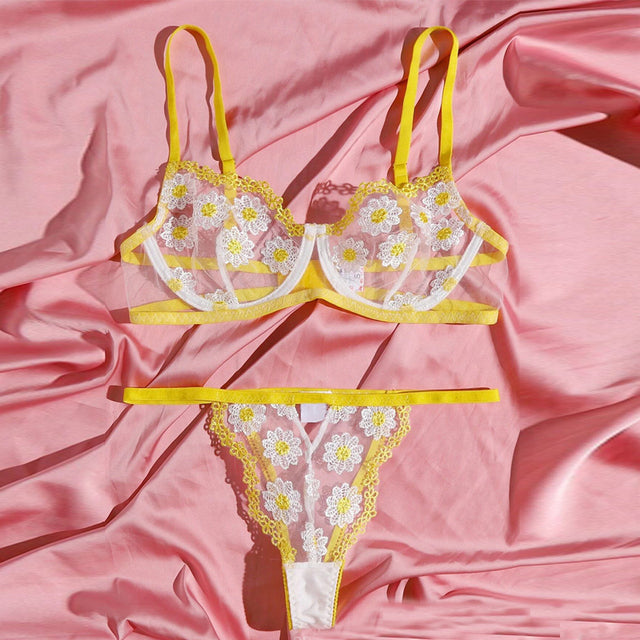 Hot New Women Sexy Lingerie Yellow Flower Embroider Adjustable Erotic Underwear Transparent Bra Thong Suit Bondage