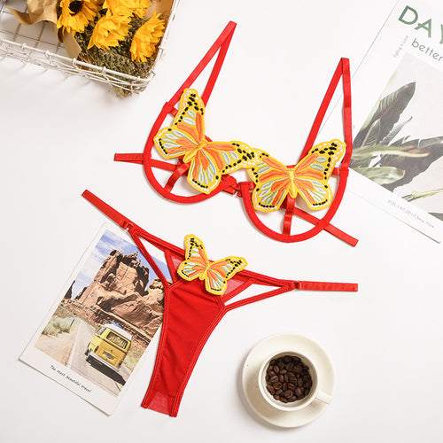 Hot Sale New Women Butterfly Mesh Embroidery Bra And Thong Set Adjustable Sexy Lace Underwear Erotic Sensual Lingerie Set