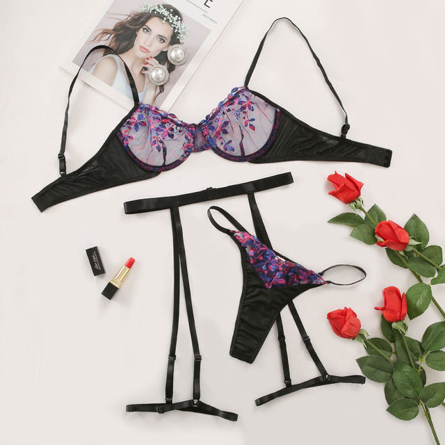 Hot Sell 3 Pieces Women's Lingerie Underwear Set Mesh Lace Transparent Bra Sexy Floral Embroidery Thigh Garters Erotic Lingerie
