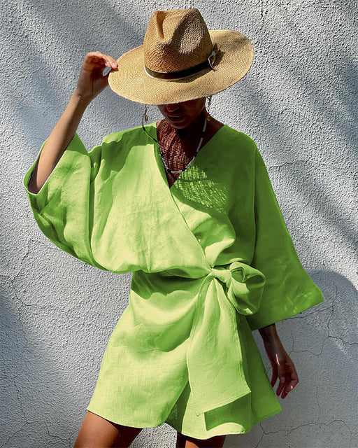 INS 2022 Summer Sexy V-Neck Cardigan Mini Dress Club Party Outfits for Women Green Irregular Lantern Sleeves Prom Dresses Casual