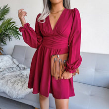 Load image into Gallery viewer, INS Style Fashion Spring Autumn Sexy Women V Neck Casual Solid Color Chiffon Pleated Mid Dress Long Sleeves Sweet Party Dresses