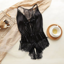 Load image into Gallery viewer, Ice Silk Sexy Lingerie Beauty Back Hollow Lace Sexy Women Bow Deep V Open File One Piece Bodysuit Free To Take Off Sexy Pajamas