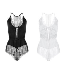 Load image into Gallery viewer, Ice Silk Sexy Lingerie Beauty Back Hollow Lace Sexy Women Bow Deep V Open File One Piece Bodysuit Free To Take Off Sexy Pajamas