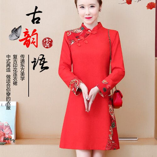Improved Cheongsam Vintage Print Stand Collar Buckle Women Chinese Style Autumn Long Sleeve Retro Slim Mini Dress Female Clothes