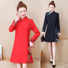 Load image into Gallery viewer, Improved Cheongsam Vintage Print Stand Collar Buckle Women Chinese Style Autumn Long Sleeve Retro Slim Mini Dress Female Clothes