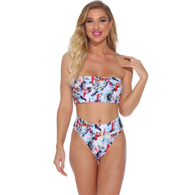 Indoor Swimsuit Separate Women's Swimwear Bikini 2021 Beachwear Printing White Strapless One Word Collar