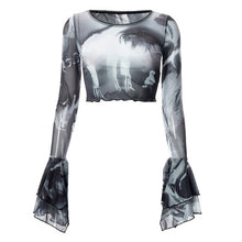 Load image into Gallery viewer, Ins Fashion 2022 Summer Chic Print Mesh Women&#39;s Clothing Crop Top Rave Festival Sexy Trumpet Long Sleeves Tops Streetwear
