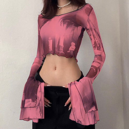 Ins Fashion 2022 Summer Chic Print Mesh Women's Clothing Crop Top Rave Festival Sexy Trumpet Long Sleeves Tops Streetwear