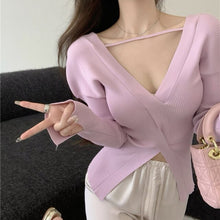 Load image into Gallery viewer, Irregular V Neck Knitted Sweater  Waist Thin Long Sleeve Slim All-match Halter Elegant Ladies Purple Pullover Spring 2022 New