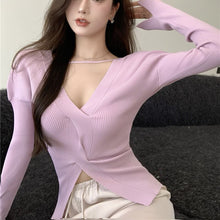 Load image into Gallery viewer, Irregular V Neck Knitted Sweater  Waist Thin Long Sleeve Slim All-match Halter Elegant Ladies Purple Pullover Spring 2022 New