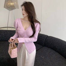 Load image into Gallery viewer, Irregular V Neck Knitted Sweater  Waist Thin Long Sleeve Slim All-match Halter Elegant Ladies Purple Pullover Spring 2022 New