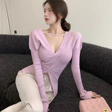 Load image into Gallery viewer, Irregular V Neck Knitted Sweater  Waist Thin Long Sleeve Slim All-match Halter Elegant Ladies Purple Pullover Spring 2022 New