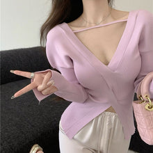 Load image into Gallery viewer, Irregular V Neck Knitted Sweater  Waist Thin Long Sleeve Slim All-match Halter Elegant Ladies Purple Pullover Spring 2022 New