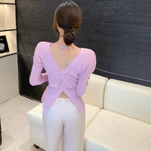 Load image into Gallery viewer, Irregular V Neck Knitted Sweater  Waist Thin Long Sleeve Slim All-match Halter Elegant Ladies Purple Pullover Spring 2022 New