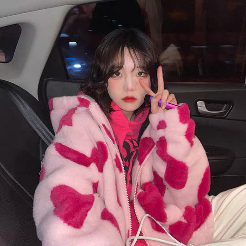 Jacket Woman Harajuku Two Sides Wear Y2k Lamb Wool Coat Women Pink 2023 Zipper Up Plush Stand Collar Warm Jackets Winter Clothes