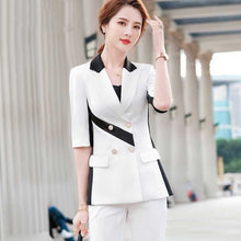 Load image into Gallery viewer, Jackets Women&#39;s Blazers coats 2021 Summer Cotton Stripe Splicing Half Sleeve Small Suits jacket Ladies Skinny Formal Blazer Suit