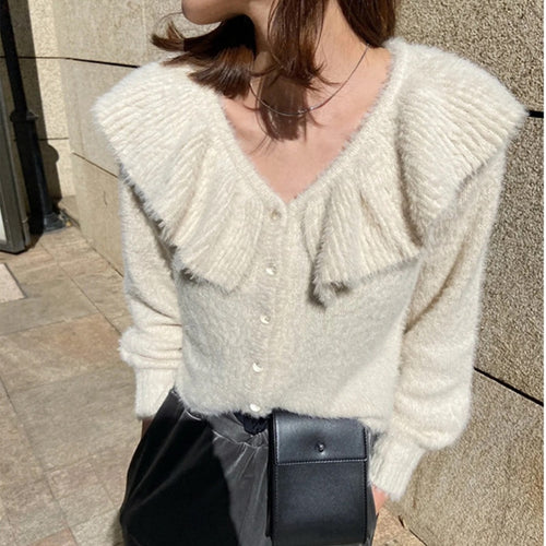 Japan Spring Vintage Sweater Coat Women Sweet Ruffles Short Knitted Cardigan for Women Turn Down Collar Elegant Pull Femme 2022