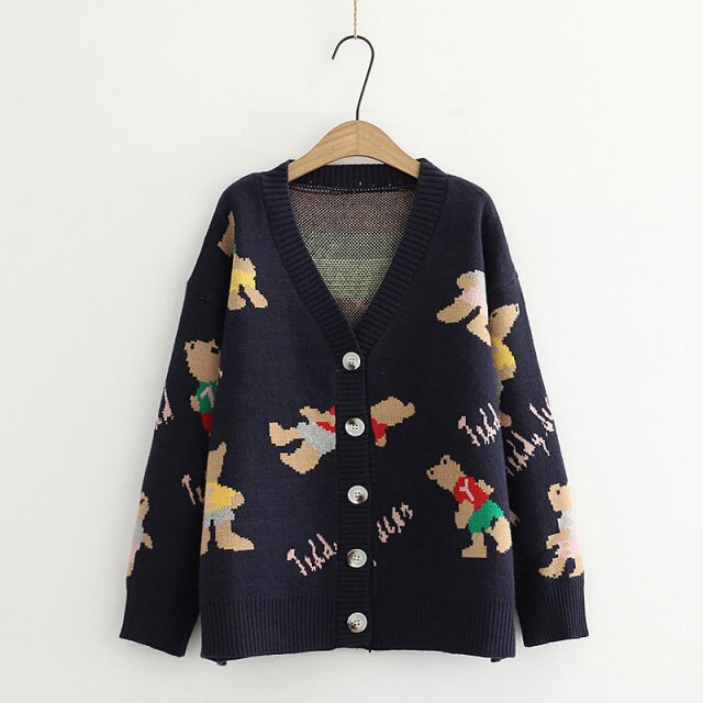 Japan Style Single Breasted Caytoon Kawaii Sweater Fall 2022 V-neck Cute Bear Knitted Cardigan Women Soft Loose Sueter Mujer