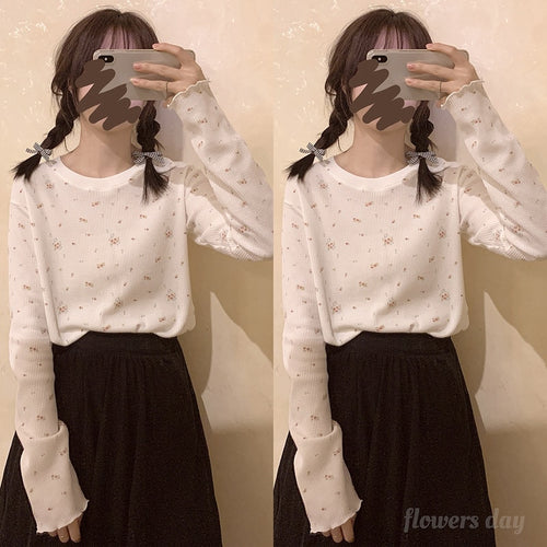 Japaneese Vintage Print Flower Tops Long Sleeve Fungus Edge Sweet Cute T-shirts Spring Mori Girls O-neck Fresh Tees Spring