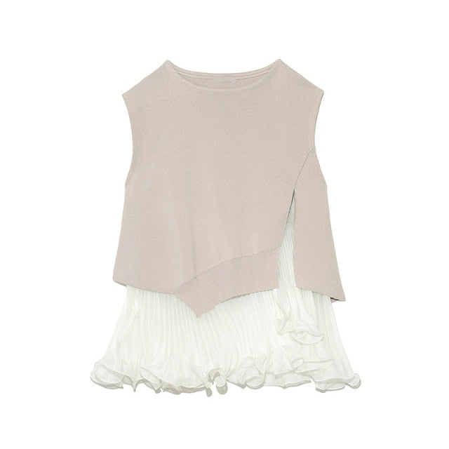 Japanese 2022 Summer New Women Tops Fashion Simple Solid Ruffles Sleeveless Sweaters Office Ladies Elegant Loose Pullovers