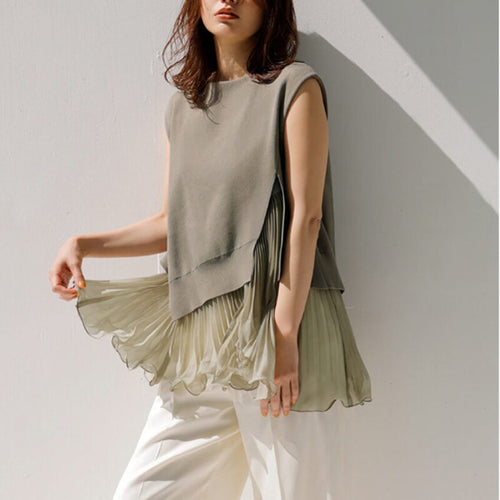 Japanese 2022 Summer New Women Tops Fashion Simple Solid Ruffles Sleeveless Sweaters Office Ladies Elegant Loose Pullovers