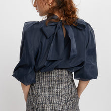 Load image into Gallery viewer, Japanese Autumn Winter New Elegant Blouse Women Stand Collar Puff Sleeve Loose Woman Shirts Office Lady Lace-up Blusas Mujer