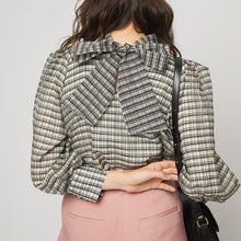 Load image into Gallery viewer, Japanese Autumn Winter New Elegant Blouse Women Stand Collar Puff Sleeve Loose Woman Shirts Office Lady Lace-up Blusas Mujer