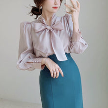 Load image into Gallery viewer, Japanese Autumn Winter New Elegant Blouse Women Stand Collar Puff Sleeve Loose Woman Shirts Office Lady Lace-up Blusas Mujer