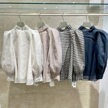 Load image into Gallery viewer, Japanese Autumn Winter New Elegant Blouse Women Stand Collar Puff Sleeve Loose Woman Shirts Office Lady Lace-up Blusas Mujer