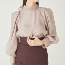 Load image into Gallery viewer, Japanese Autumn Winter New Elegant Blouse Women Stand Collar Puff Sleeve Loose Woman Shirts Office Lady Lace-up Blusas Mujer