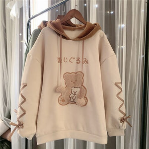 Japanese Cartoon Kawaii Hoodies Women 2022 Bandage Bear Cute Thick Hooded Sweatshirts Fall Simple Autumn Hoodie Coats