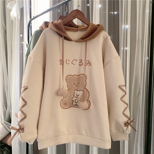 Japanese Cartoon Kawaii Hoodies Women 2022 Bandage Bear Cute Thick Hooded Sweatshirts Fall Simple Autumn Hoodie Coats
