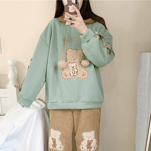 Japanese Cartoon Kawaii Hoodies Women 2022 Bandage Bear Cute Thick Hooded Sweatshirts Fall Simple Autumn Hoodie Coats