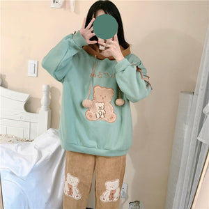 Japanese Cartoon Kawaii Hoodies Women 2022 Bandage Bear Cute Thick Hooded Sweatshirts Fall Simple Autumn Hoodie Coats
