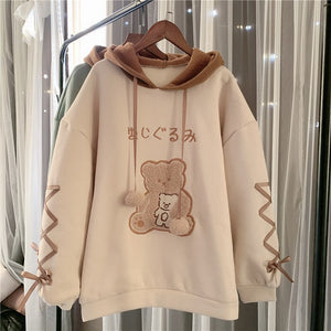 Japanese Cartoon Kawaii Hoodies Women 2022 Bandage Bear Cute Thick Hooded Sweatshirts Fall Simple Autumn Hoodie Coats