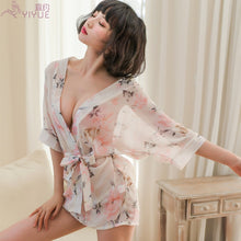 Load image into Gallery viewer, Japanese Chiffon Print Sexy Cardigan Kimono for Woman See-through Nightgown Belt Panties Suit Erotic Underwear Sexy Lingerie New