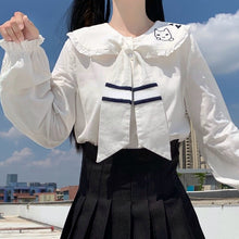 Load image into Gallery viewer, Japanese Cute Cat Shirts Spring Mori Girl Fresh Sweet Fungus Edge Tops Long Sleeve Elegant Embroidery Tie Blouses Women