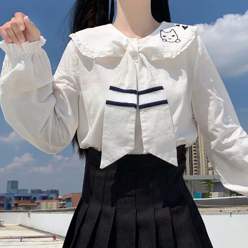 Japanese Cute Cat Shirts Spring Mori Girl Fresh Sweet Fungus Edge Tops Long Sleeve Elegant Embroidery Tie Blouses Women