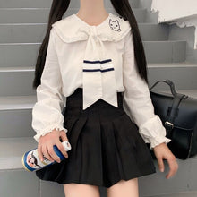 Load image into Gallery viewer, Japanese Cute Cat Shirts Spring Mori Girl Fresh Sweet Fungus Edge Tops Long Sleeve Elegant Embroidery Tie Blouses Women