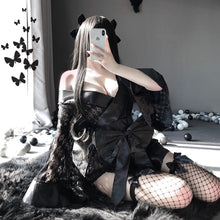 Load image into Gallery viewer, Japanese Dark Kimono Erotic Costumes for Women Sexy Cosplay Uniform Robe Cardigan Role Play Net Yarn Black 3Pcs Lingerie Set