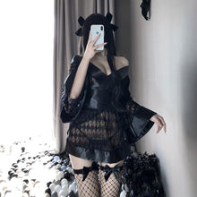 Load image into Gallery viewer, Japanese Dark Kimono Erotic Costumes for Women Sexy Cosplay Uniform Robe Cardigan Role Play Net Yarn Black 3Pcs Lingerie Set