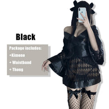 Load image into Gallery viewer, Japanese Dark Kimono Erotic Costumes for Women Sexy Cosplay Uniform Robe Cardigan Role Play Net Yarn Black 3Pcs Lingerie Set