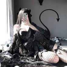 Load image into Gallery viewer, Japanese Dark Kimono Erotic Costumes for Women Sexy Cosplay Uniform Robe Cardigan Role Play Net Yarn Black 3Pcs Lingerie Set