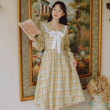 Load image into Gallery viewer, Japanese Doll Collar Plaid Dress Sweet Retro Cute Lolita Dress Autumn Female Bowknot Girl French First Love Vestido Midi Female