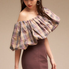 Load image into Gallery viewer, Japanese Elegant Bow Lace-up Women Blouse Slash Neck Backless 2021 Fall Chic Plaid Blusas Mujer Sweet Puff Sleeve Woman Shirts