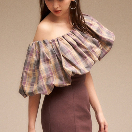 Japanese Elegant Bow Lace-up Women Blouse Slash Neck Backless 2021 Fall Chic Plaid Blusas Mujer Sweet Puff Sleeve Woman Shirts