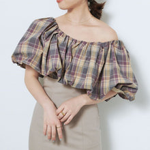 Load image into Gallery viewer, Japanese Elegant Bow Lace-up Women Blouse Slash Neck Backless 2021 Fall Chic Plaid Blusas Mujer Sweet Puff Sleeve Woman Shirts