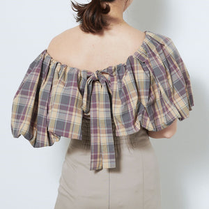 Japanese Elegant Bow Lace-up Women Blouse Slash Neck Backless 2021 Fall Chic Plaid Blusas Mujer Sweet Puff Sleeve Woman Shirts