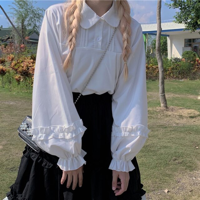 Japanese Fungus Ruched Lolita Blouses Women 2022 Mori Girl Sweet Lantern Sleeve Tops Fresh Kawaii White Shirts Spring