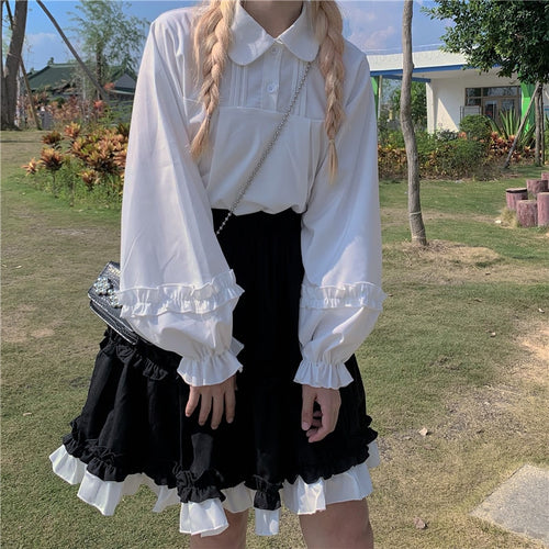 Japanese Fungus Ruched Lolita Blouses Women 2022 Mori Girl Sweet Lantern Sleeve Tops Fresh Kawaii White Shirts Spring